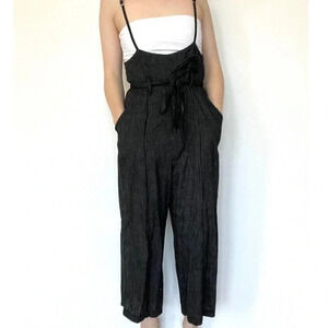 Pin Stripe Belted Cropped Overalls Black White Bow Spaghetti Strap Adjustable